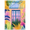 Ventana de colores en un ambiente tropical, con plantas y flores vibrantes.