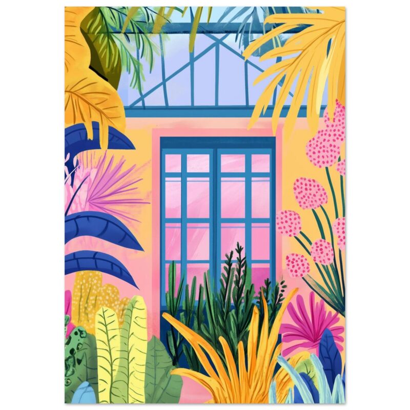 Ventana de colores en un ambiente tropical, con plantas y flores vibrantes.