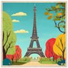 Torre Eiffel en parque con árboles de otoño y cielo azul claro.