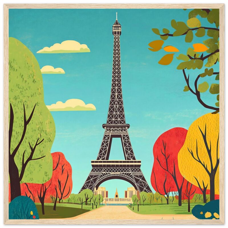 Torre Eiffel en parque con árboles de otoño y cielo azul claro.