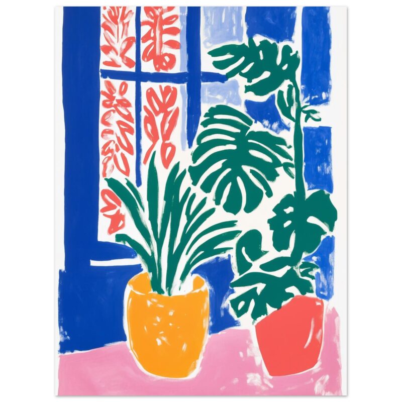 3a214abb-1abb-44a7-bd12-fc75ac273081.jpg Vasija con plantas tropicales y hojas verdes en estilo abstracto.