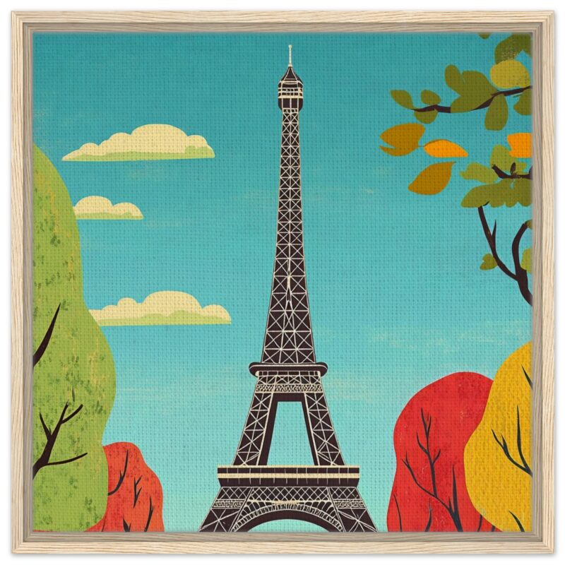Torre Eiffel en estilo artístico digital con árboles en otoño y cielo azul brillante.