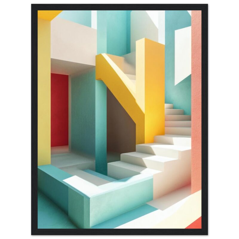 Puerta, escaleras y paredes coloridas de estilo moderno y minimalista.