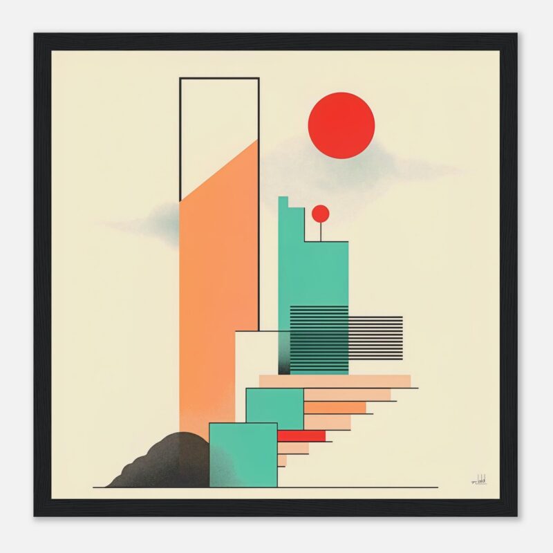 Visualización moderna de arte abstracto con formas geométricas y colores vibrantes en estilo minimalista.