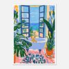 Puerta abierta con vista a la playa, rodeada de plantas y perro en bañera, estilo pintura moderna.