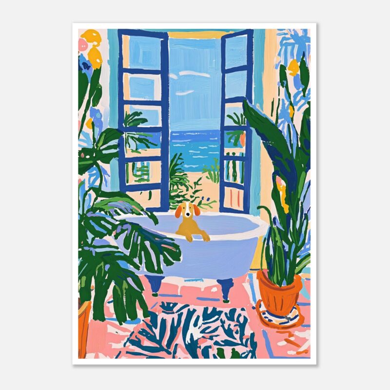 Puerta abierta con vista a la playa, rodeada de plantas y perro en bañera, estilo pintura moderna.
