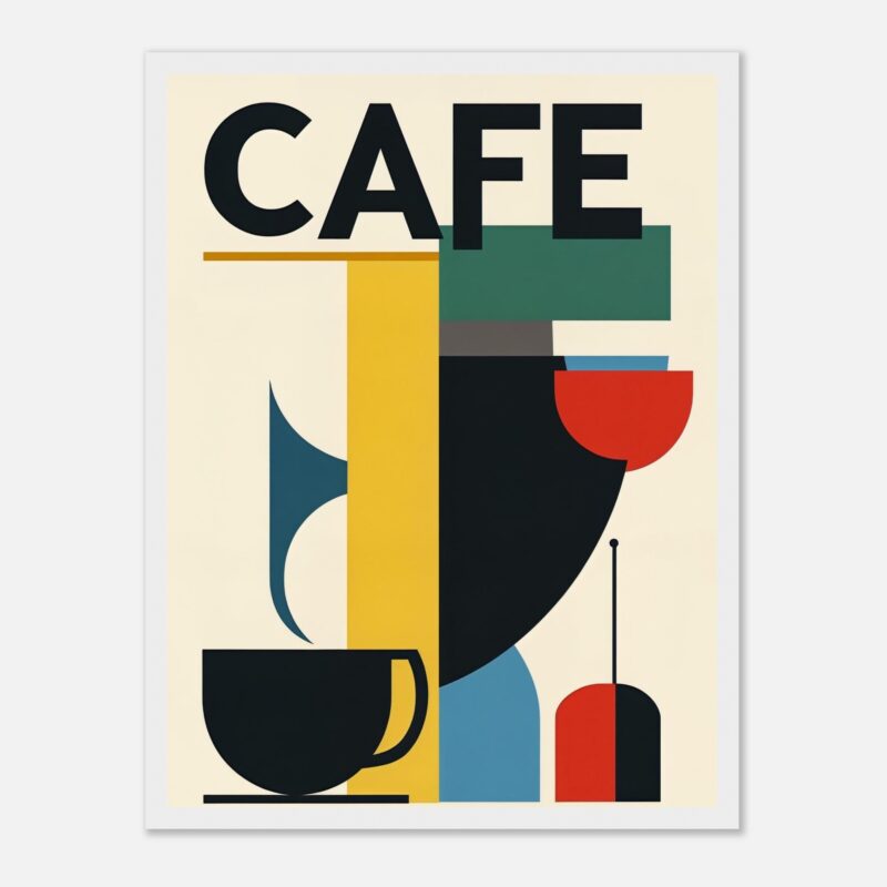 Taza de café y objetos en estilo minimalista con colores vivos, ideal para decoración moderna y arte en cafeterías.