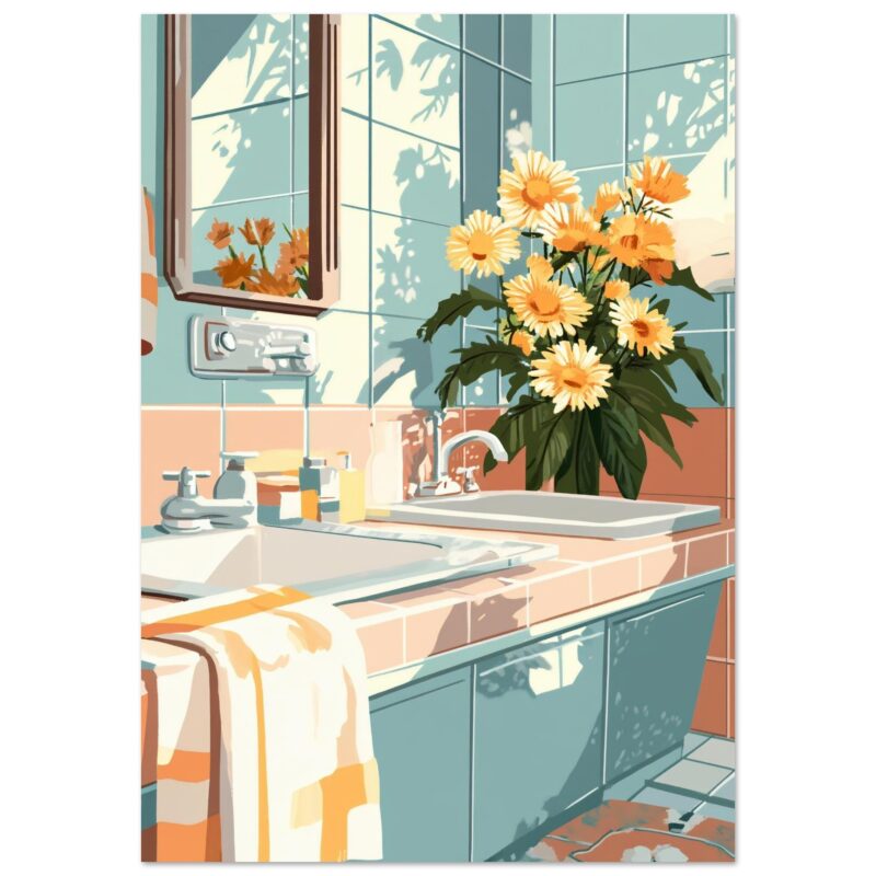 3bc4d412-a288-49e3-8b12-dc5cb6edc9b2.jpg Jarrón con flores en la encimera de una cocina soleada, estilo ilustración digital, enfoque en decoración interior natural.