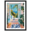 Puerta abierta hacia el mar con plantas tropicales y perro en interior, estilo pintura colorida.