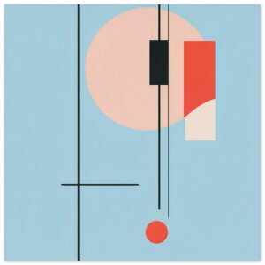Lienzo de arte abstracto con formas geométricas y colores suaves de azul, negro y rojo en estilo moderno.