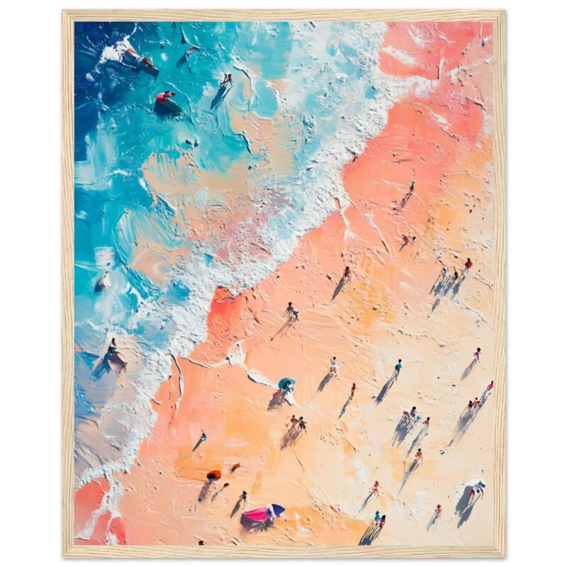 Pintura artística en estilo impresionista de una playa con personas caminando y sombrillas, en colores cálidos y vibrantes.