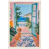 Puerta abierta con vista al mar y plantas en estilo pintura artística, paisaje mediterráneo colorido.