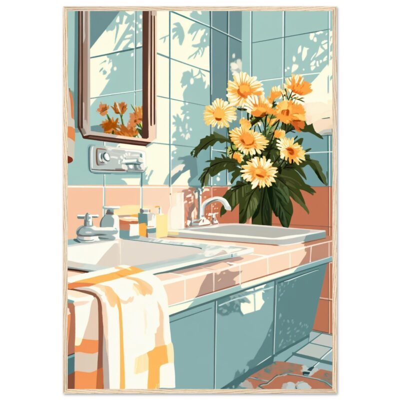 3d45e735-c20b-4260-b9c8-b23908ca777e.jpg Jarrón con flores en el baño, reflejo en el espejo, decoración natural y luminosa, estilo artístico digital, arte para hogar y interiores.