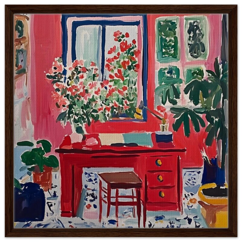 Vaso de flores y muebles en interior con estilo colorido y vibrante.