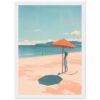 At text only: Playa con sombrilla y mujer en ropa de verano en horizonte con mar y montañas.