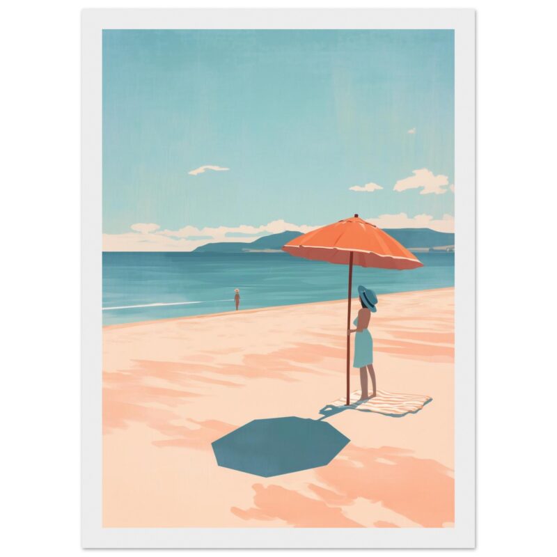 At text only: Playa con sombrilla y mujer en ropa de verano en horizonte con mar y montañas.