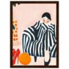 Alto texto: Ilustración moderna de mujer con ropa a rayas y accesorios coloridos.