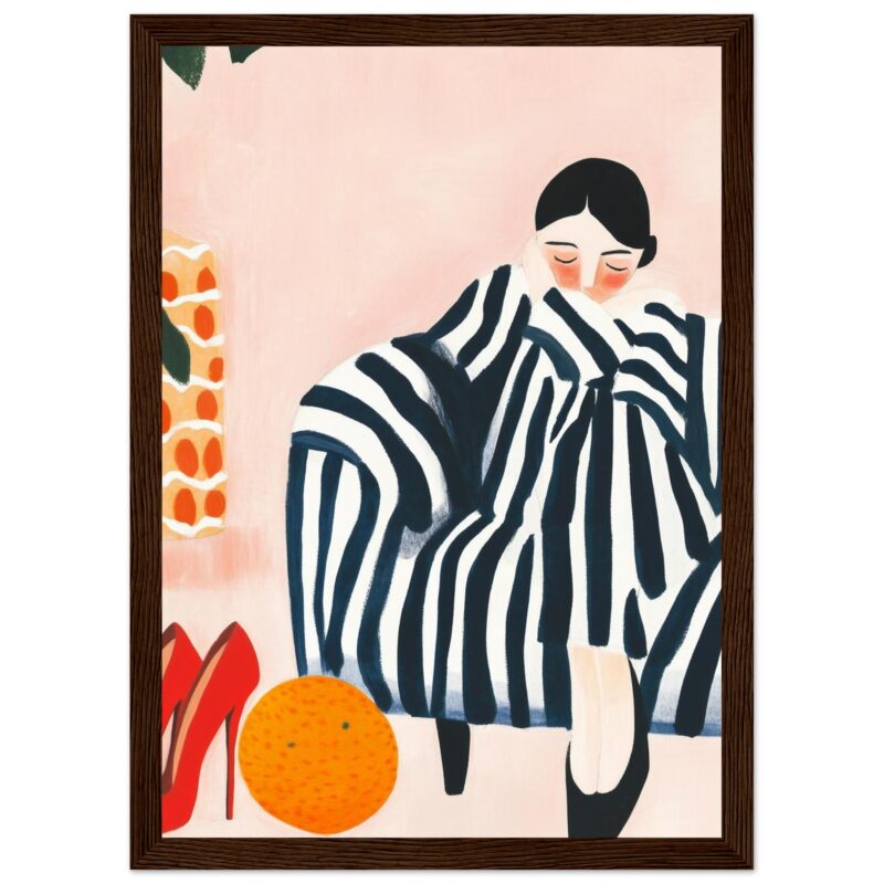 Alto texto: Ilustración moderna de mujer con ropa a rayas y accesorios coloridos.