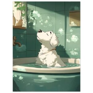 Perro en la bañera disfrutando del momento de relax en un estilo ilustrativo.