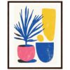 Pintura moderna con plantas de colores vibrantes en macetas, estilo abstracto, decorativo y contemporáneo.