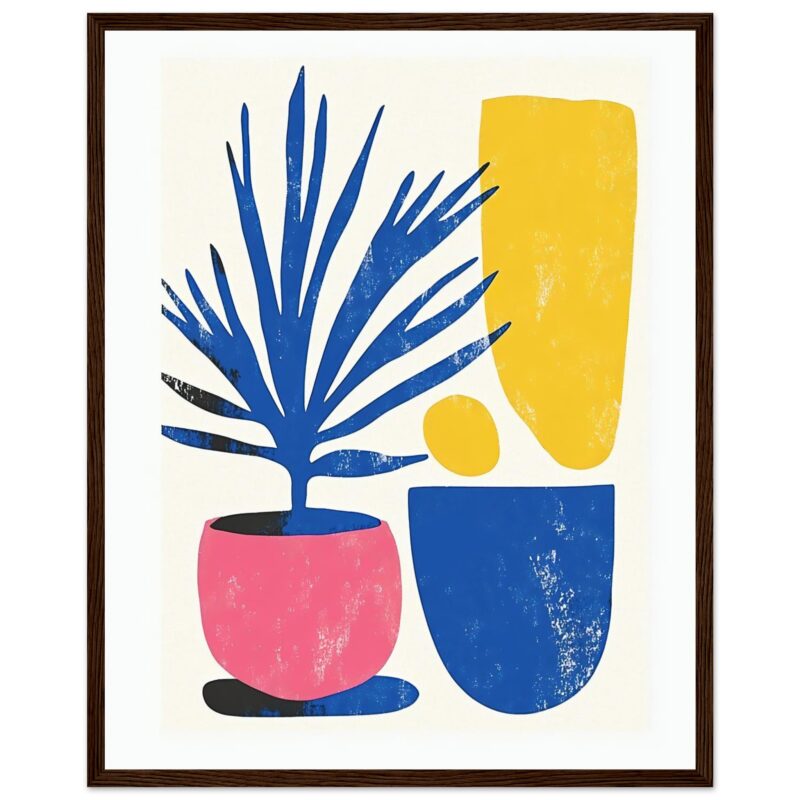 Pintura moderna con plantas de colores vibrantes en macetas, estilo abstracto, decorativo y contemporáneo.