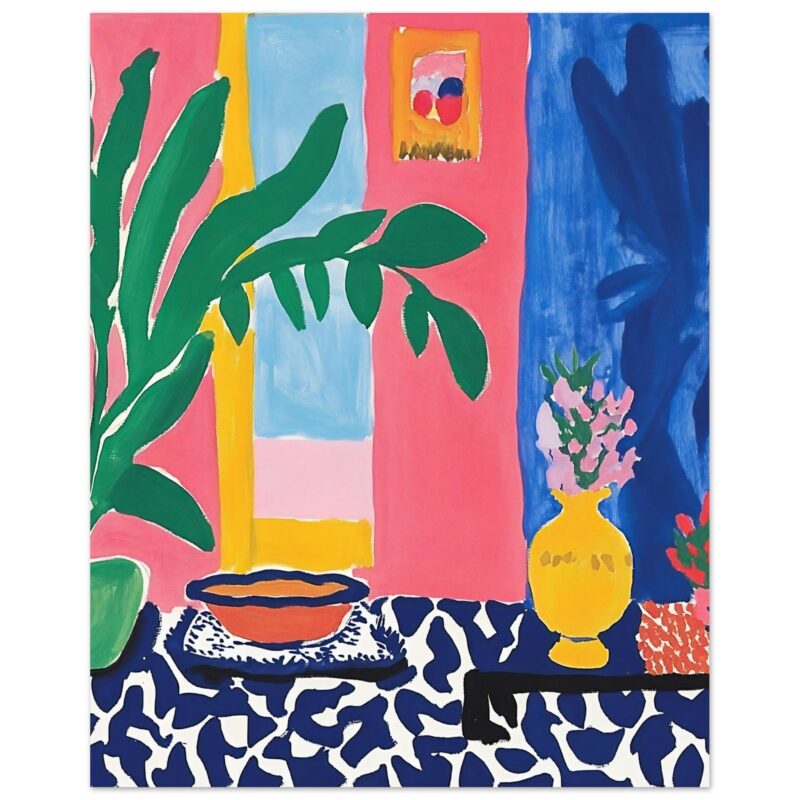 3fbf9bb1-26cc-4b0d-8cb9-7095d9c80f99.jpg Colores vibrantes y estilo moderno en pintura de interiores, arte contemporáneo con plantas y jarrones.