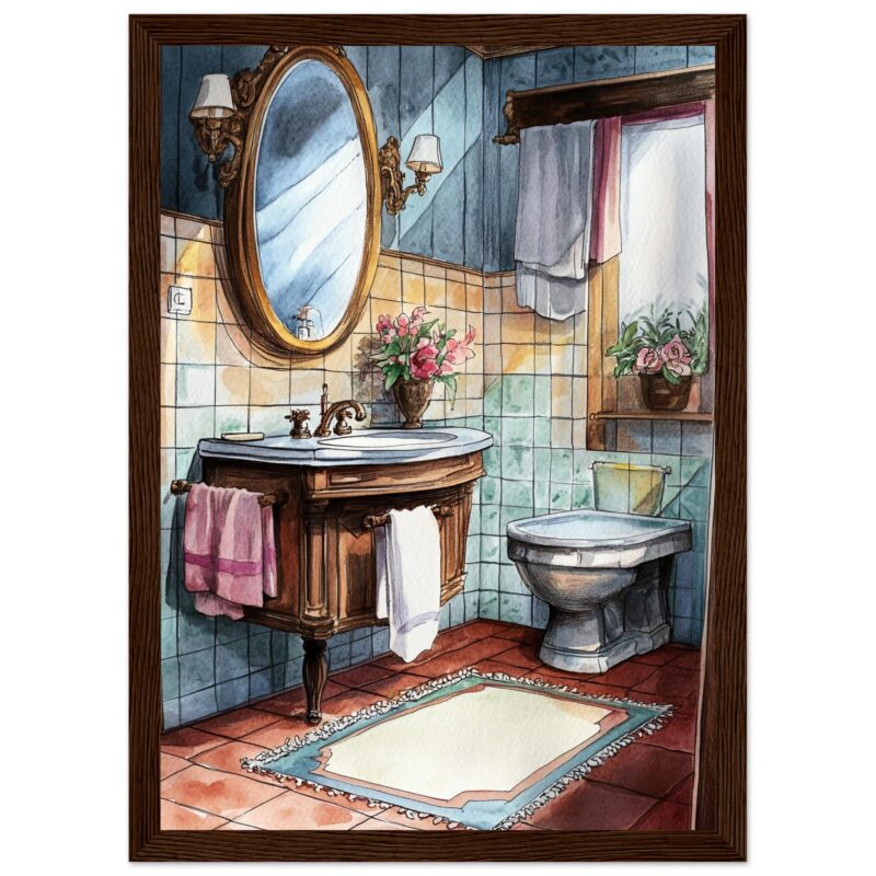 Lavabo con espejo y flores en baño clásico, estilo vintage y decoración acogedora.