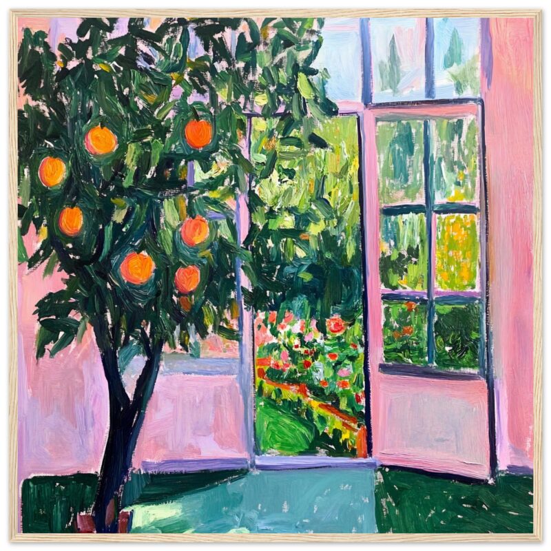 Árbol de naranjas y puertas de cristal abiertas en una casa color rosa.