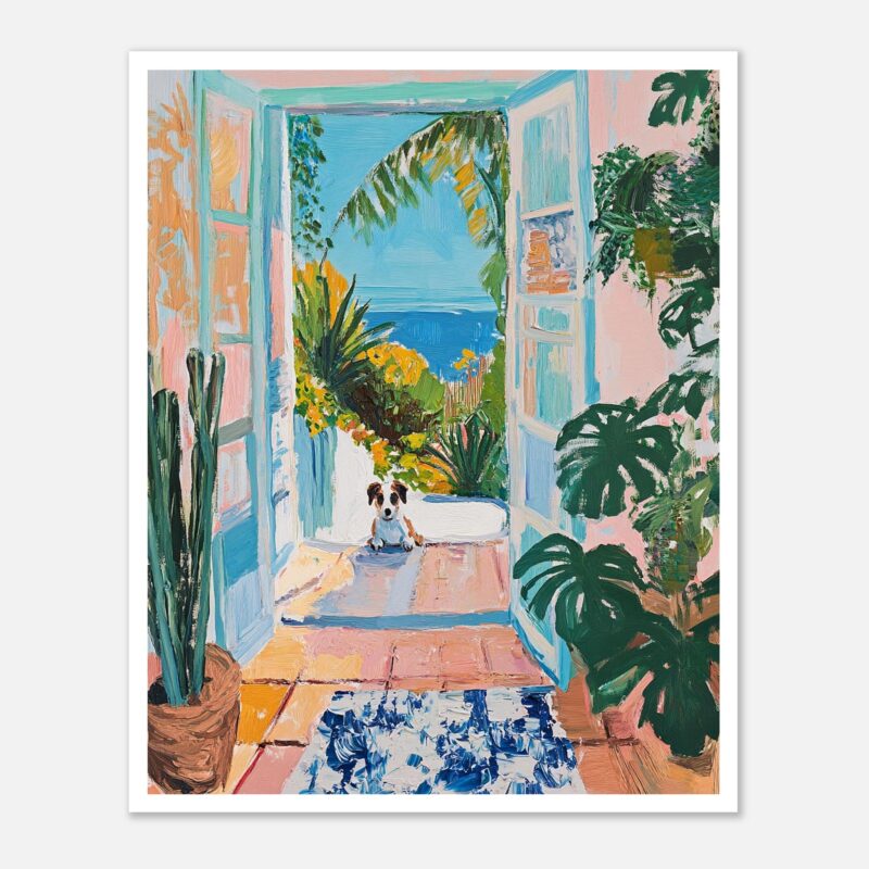 Puerta abierta hacia un balcón con vistas al mar, rodeada de plantas verdes y decoración colorida.