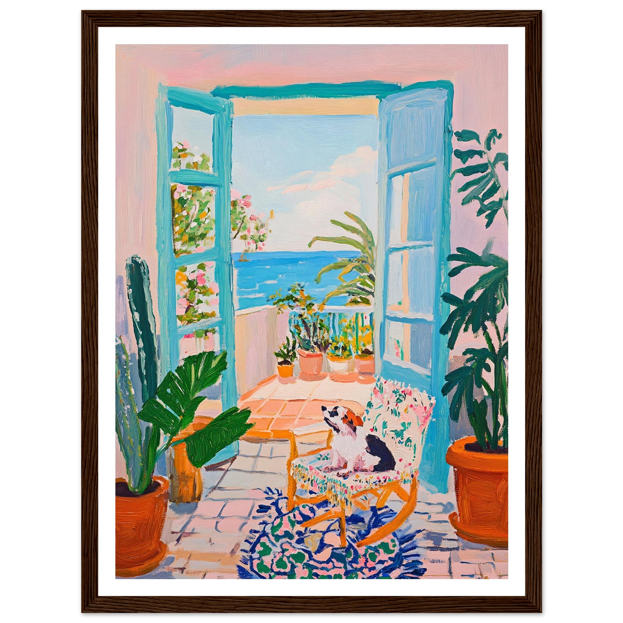 Hermosa pintura de una terraza con vista al mar, plantas y una silla con perro, estilo Art Deco y colores vibrantes.