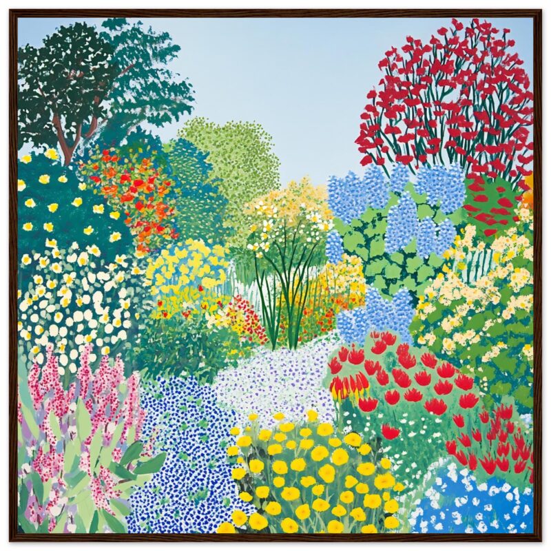 Jardín de flores coloridas pintado a mano, arte digital, ilustración vibrante y detallada.