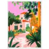 Colorida ilustración digital de una casa con jardines y palmeras, estilo artístico moderno y vibrante.