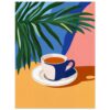 Taza de café con planta decorativa en fondo colorido.