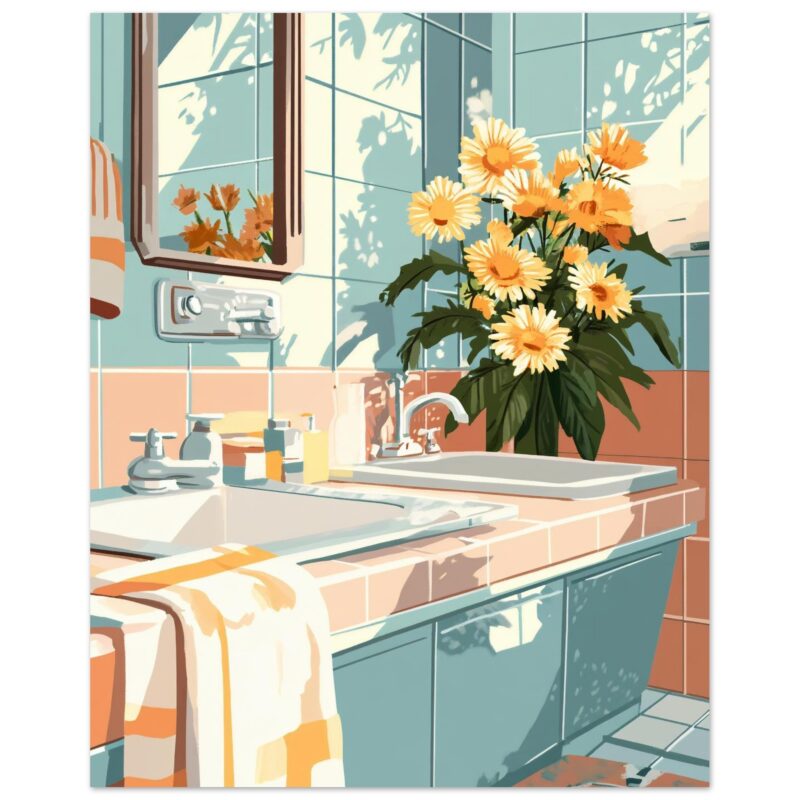 4133bc3d-8783-4a6f-bcf7-73b7f0749dc6.jpg Jarrón con flores en el lavabo del baño con reflejo en la ventana.