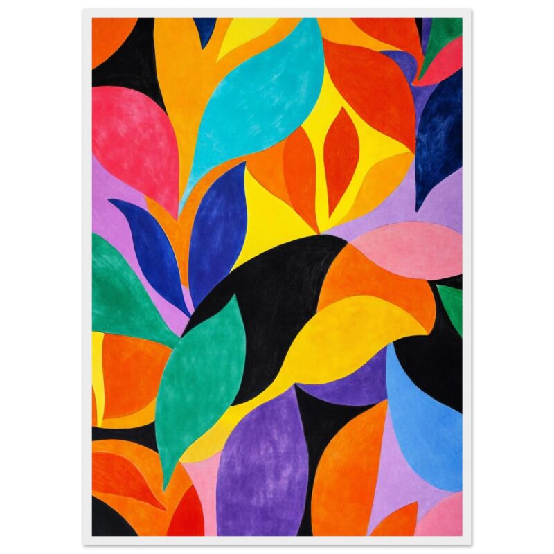 Vibrante arte abstracta con formas florales en colores brillantes y contrastantes.