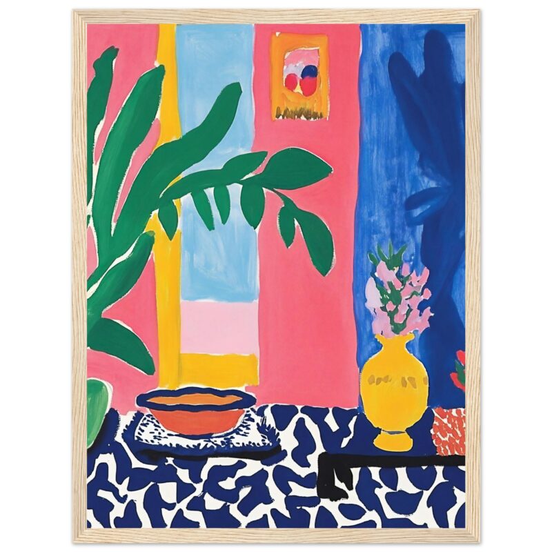 41b8f930-e285-41a0-9b62-aa76ceed9338.jpg Rama con plantas y jarrón con flores en estilo abstracto y colores vibrantes.