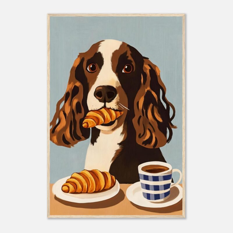 Croqueta en boca de un perro salchicha con taza de café y croissants en fondo azul claro.