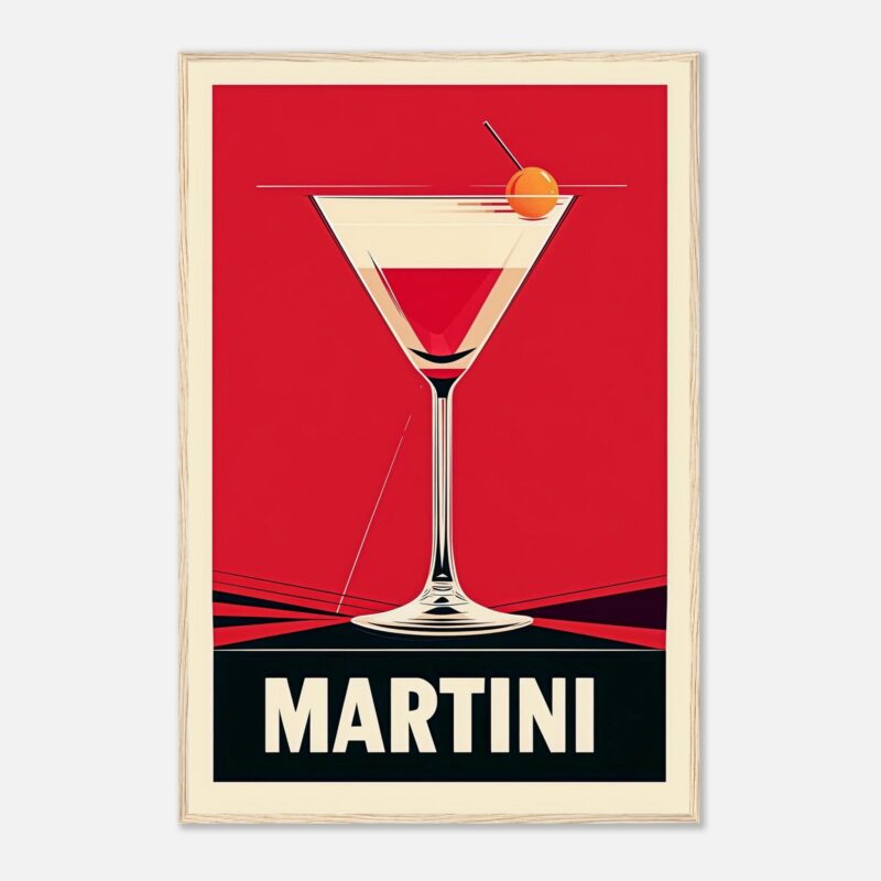 Cóctel martini en estilo artístico vintage, diseño gráfico moderno y minimalista con fondo rojo y letra en blanco.
