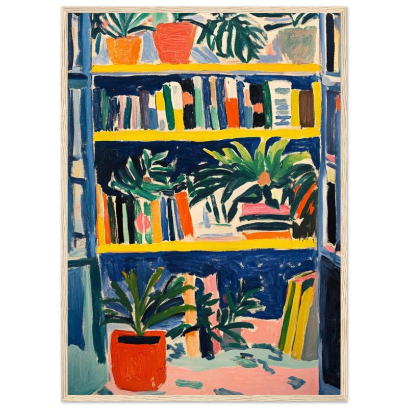 Libros, plantas y estantería en estilo pintura expresionista moderna.