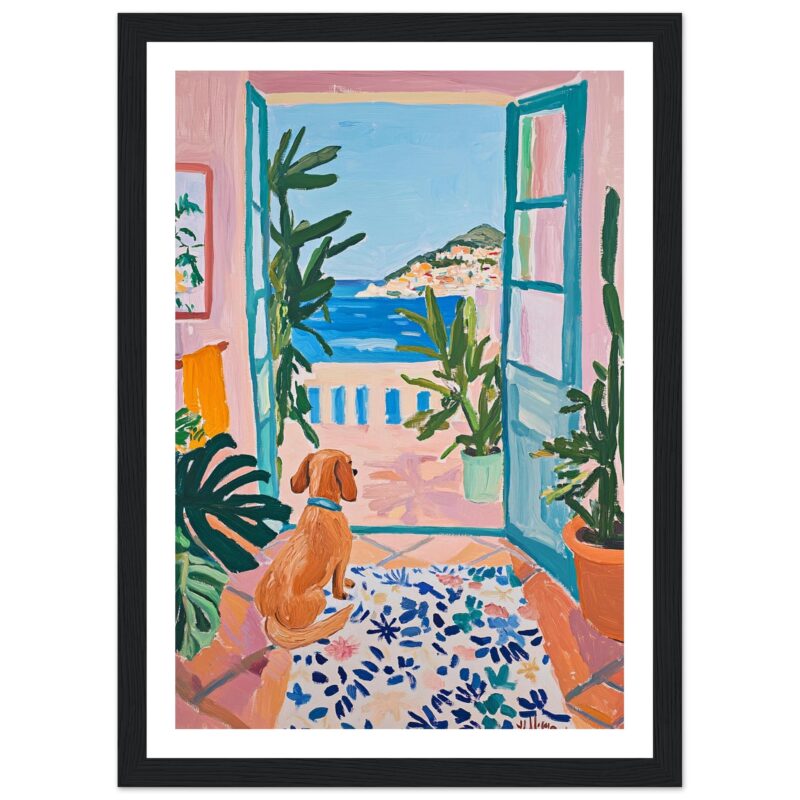 Colaboración artística moderna con temática de interior y vista al mar en estilo pintura acrílica.