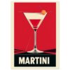 Cóctel martini en estilo vintage con fondo rojo y logo destacado.