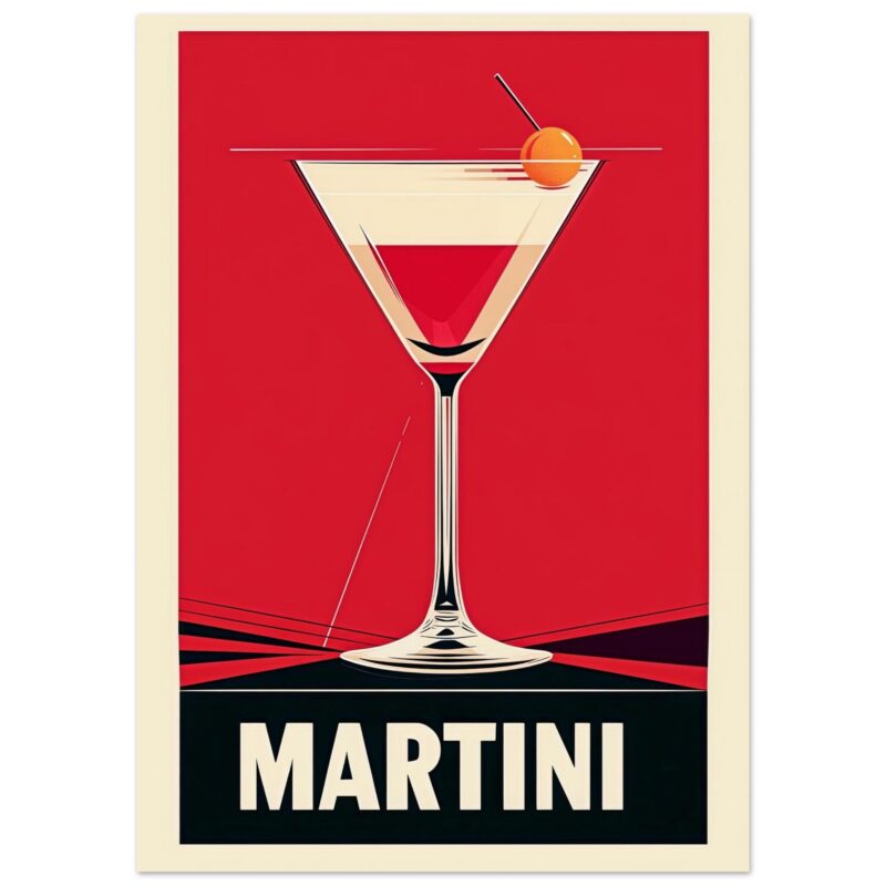 Cóctel martini en estilo vintage con fondo rojo y logo destacado.