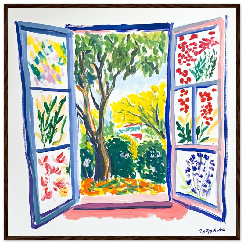 Ventana con vista a jardines y árboles, estilo pintura acrílica con colores vibrantes.