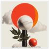 Esfera de mármol con fondo de nubes y elementos geométricos en estilo moderno y artístico.
