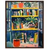 Biblioteca con plantas y libros, estilo pintura moderna y colorida.
