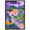 Paisaje campesino con casas rurales y vegetación en tonos lilas y verdes, estilo pintura digital de alta calidad.