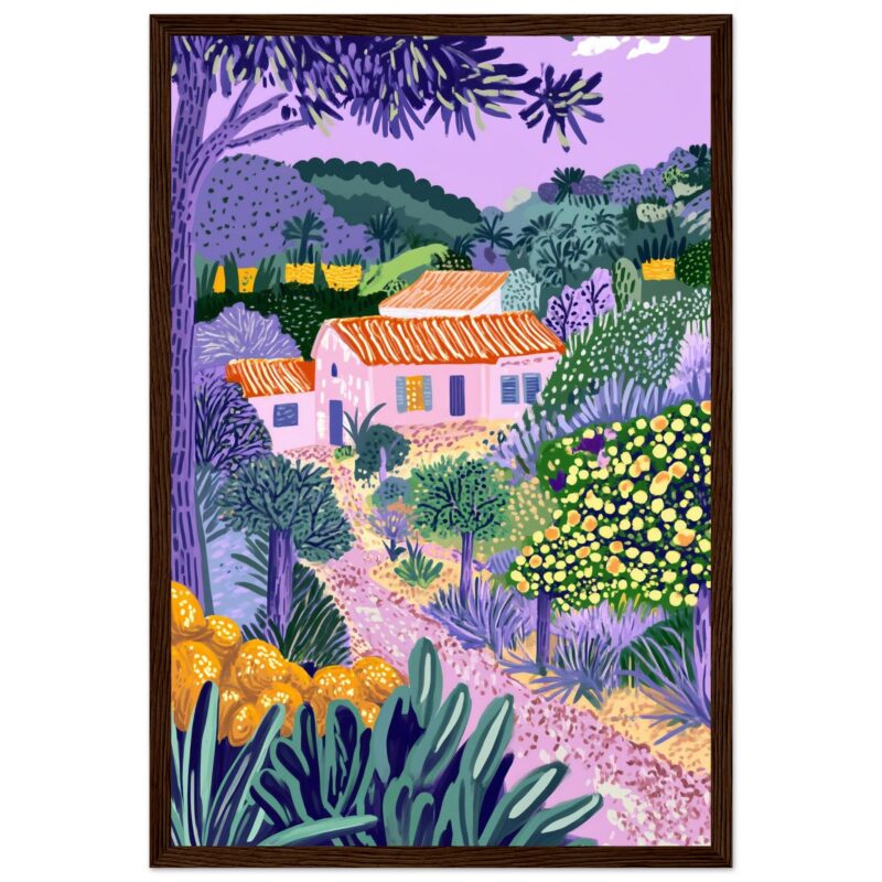 Paisaje campesino con casas rurales y vegetación en tonos lilas y verdes, estilo pintura digital de alta calidad.