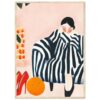 Zorra, ilustración moderna de mujer con zapatos rojos, fruta y ropa a rayas, arte digital contemporáneo, decoración elegante y minimalista de estilo pop art.