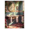 43325321-61df-4e55-b510-a8fb222877cd.jpg Reflejo en el espejo del baño decorado con azulejos azules y rosas, rodeado de plantas y flores, en estilo pintura digital.