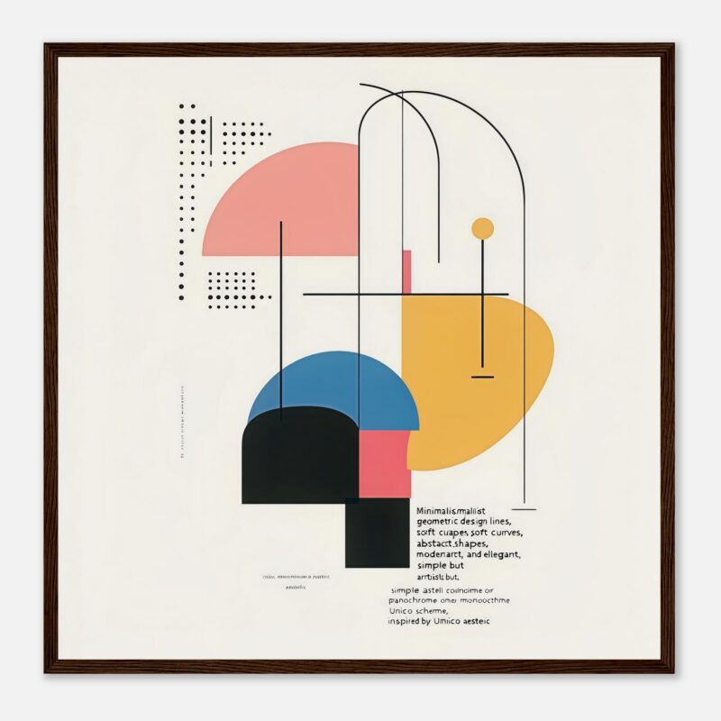 Lienzo de arte abstracto minimalista con líneas geométricas y formas suaves en colores pastel y oscuros, inspirado en diseño contemporáneo.